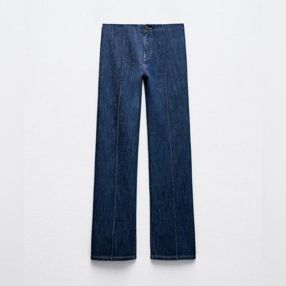 Zara Blue Denim  Z1975 STRAIGHT-FIT MID-RISE LONG LENGTH JEANS - Picture 1 of 9